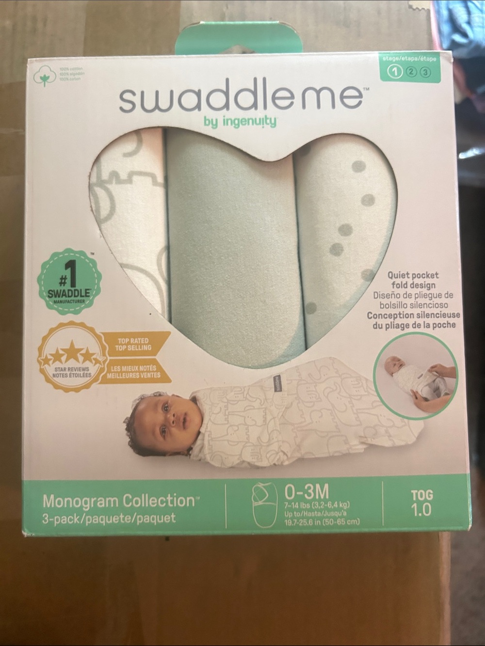 SwaddleMe by Ingenuity Monogram Collection 3-Pack - Cream, Light Green, Beige